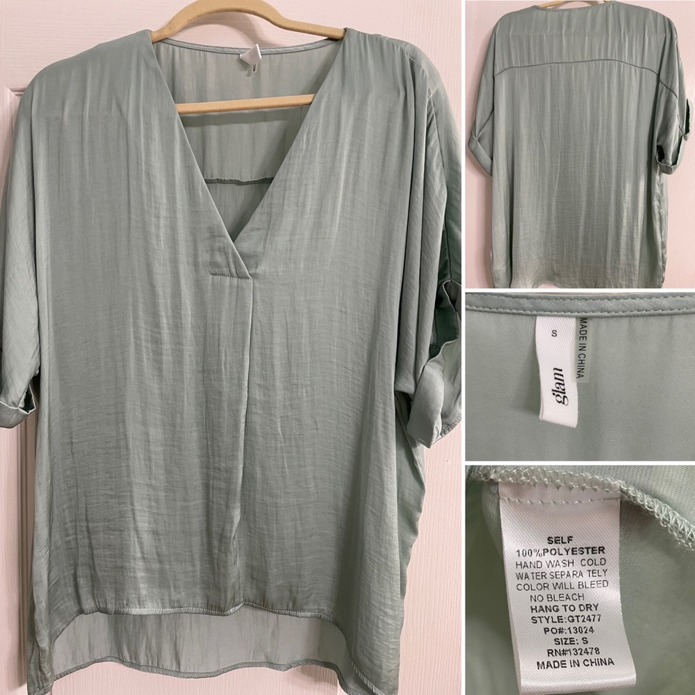 Glam Silky Pale Green Over-sized Blouse. Size Small but fits up to XL